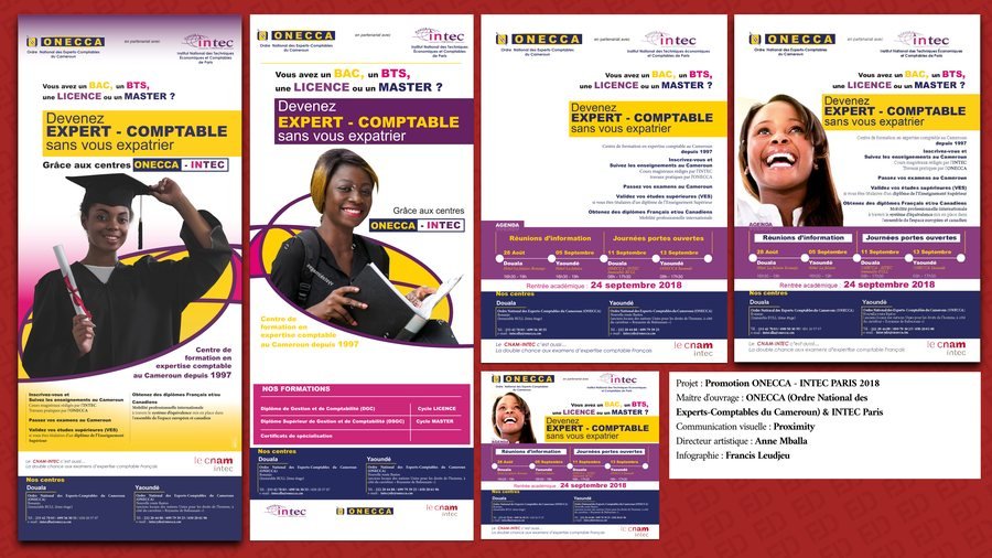 Planche de la promotion ONECCA–INTEC Paris 2018 : affiches « Devenez expert-comptable sans vous expatrier ».