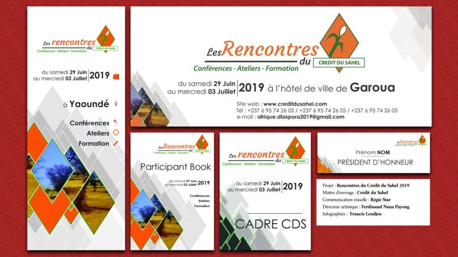 Planche des Rencontres du Crédit du Sahel 2019 : visuel vertical, bannière, Participant Book, badges.