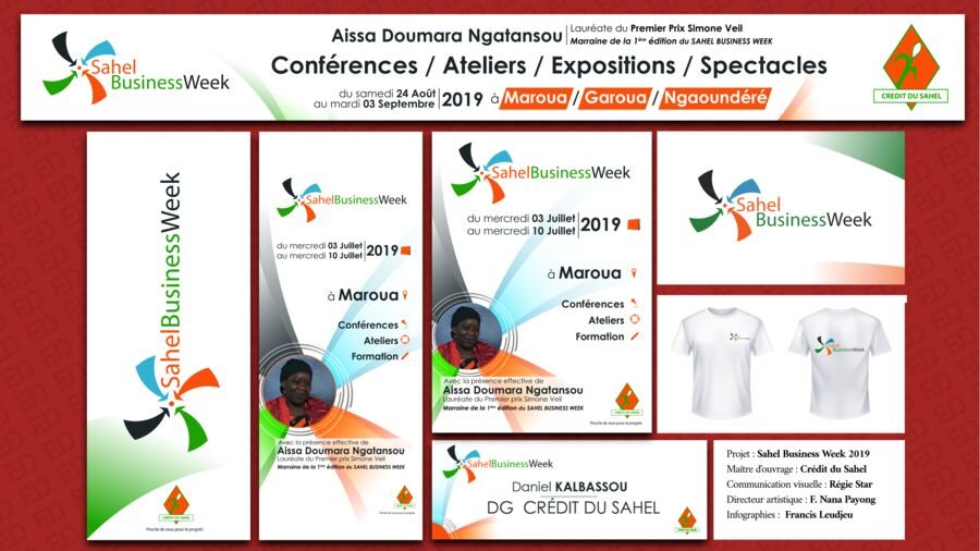 Planche Sahel Business Week 2019 : logo en moulinet, bannière, affiches, tee-shirts, badge.