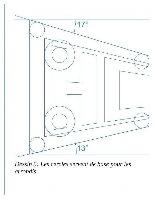 Cercles servant de base aux arrondis, angles de 13° et 17°.