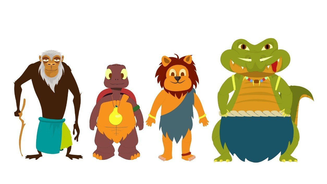 Les quatre personnages principaux côte à côte, à l'échelle : un chimpanzé âgé en pagne turquoise, une petite tortue brune à carapace rouge, un lion en salopette bleue et un gros crocodile vert.