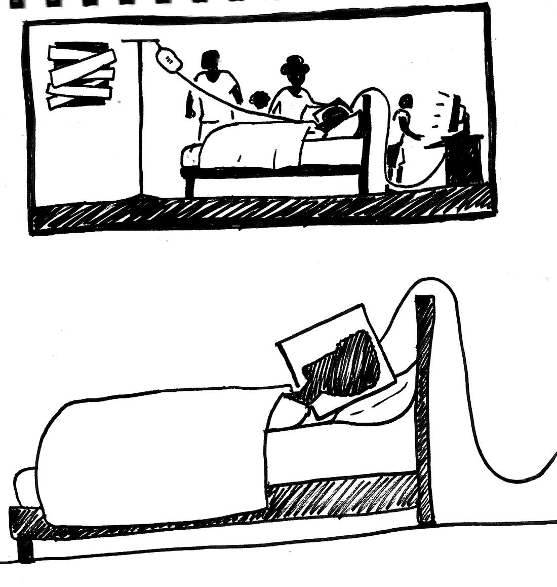 Deux croquis de scène à l'encre : une chambre avec une perfusion et des proches autour d'un lit, un câble qui rejoint un ordinateur, puis un gros plan sur le lit.