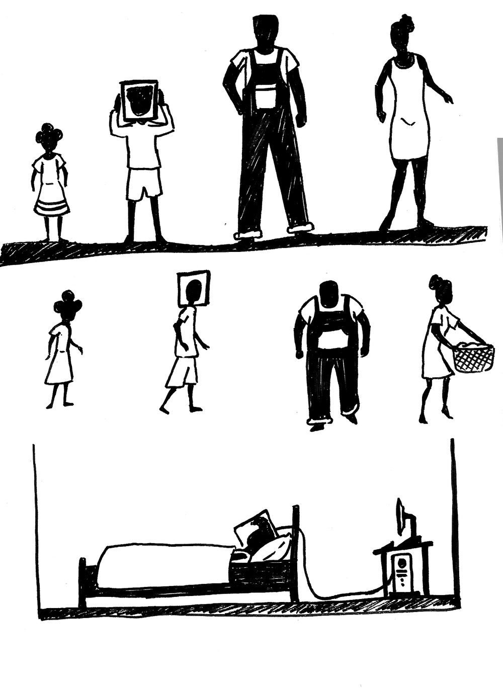 Silhouettes à l'encre : une petite fille, un garçon dont le visage est dans un cadre, un homme en salopette, une femme au panier, et une chambre où un lit est relié par un câble à un ordinateur.