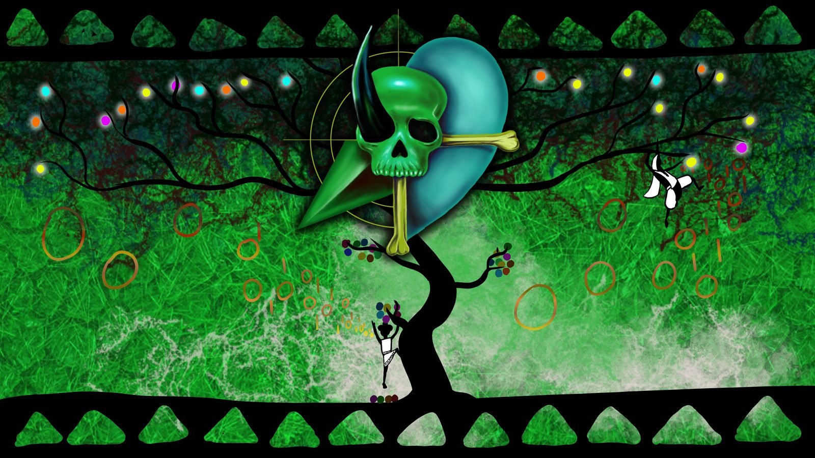 Invidia : un arbre noir aux branches chargées de lumières colorées ; au centre, un crâne vert et un cœur turquoise réunis ; des silhouettes grimpent le tronc.