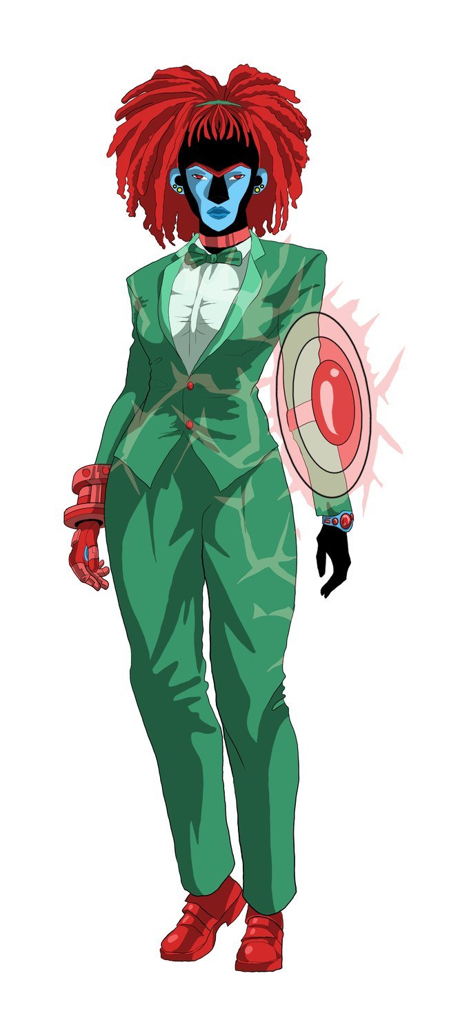 Luci26 de pied en cap : visage bleu sur fond noir, grande afro de dreadlocks rouges, costume vert et nœud papillon, bras mécanique rouge, chaussures rouges.