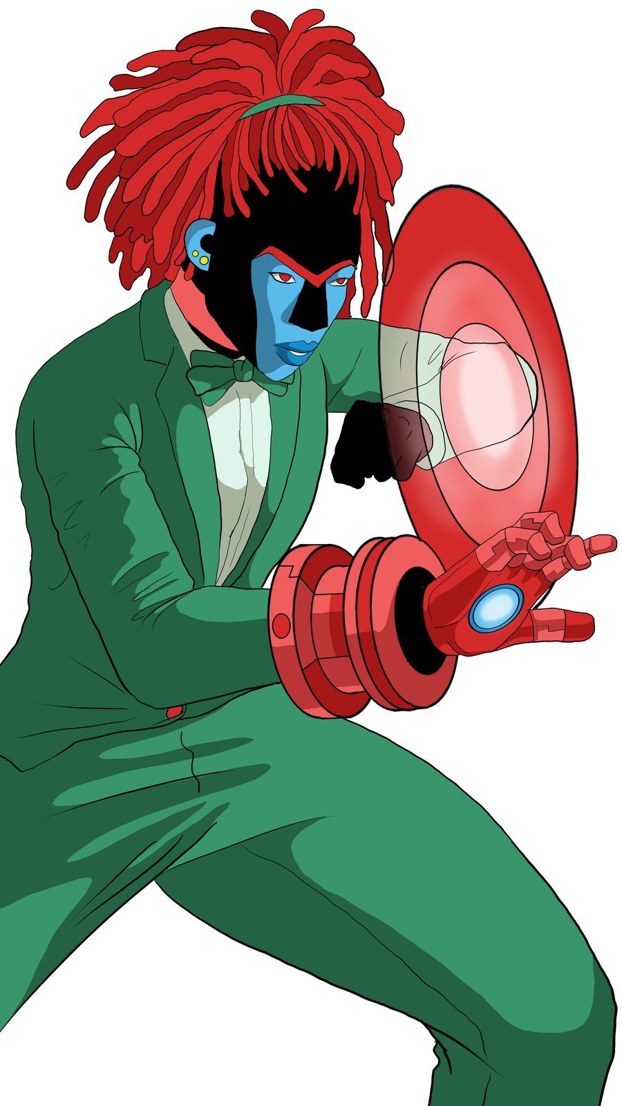 Luci26 en pose de combat, le bras mécanique rouge tendu devant un disque rouge lumineux.