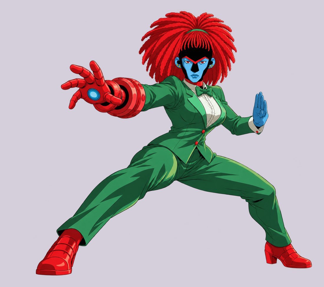 Luci26 dans le jeu : cheveux rouges en grande afro de dreadlocks, visage bleu, costume vert, un bras mécanique rouge tendu, l'autre main levée.