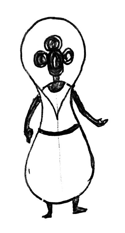 Maffo, dessin définitif : une tête ronde ornée de petites boucles, dans une capuche ronde, et une robe en forme de poire. L'ensemble dessine un 8.