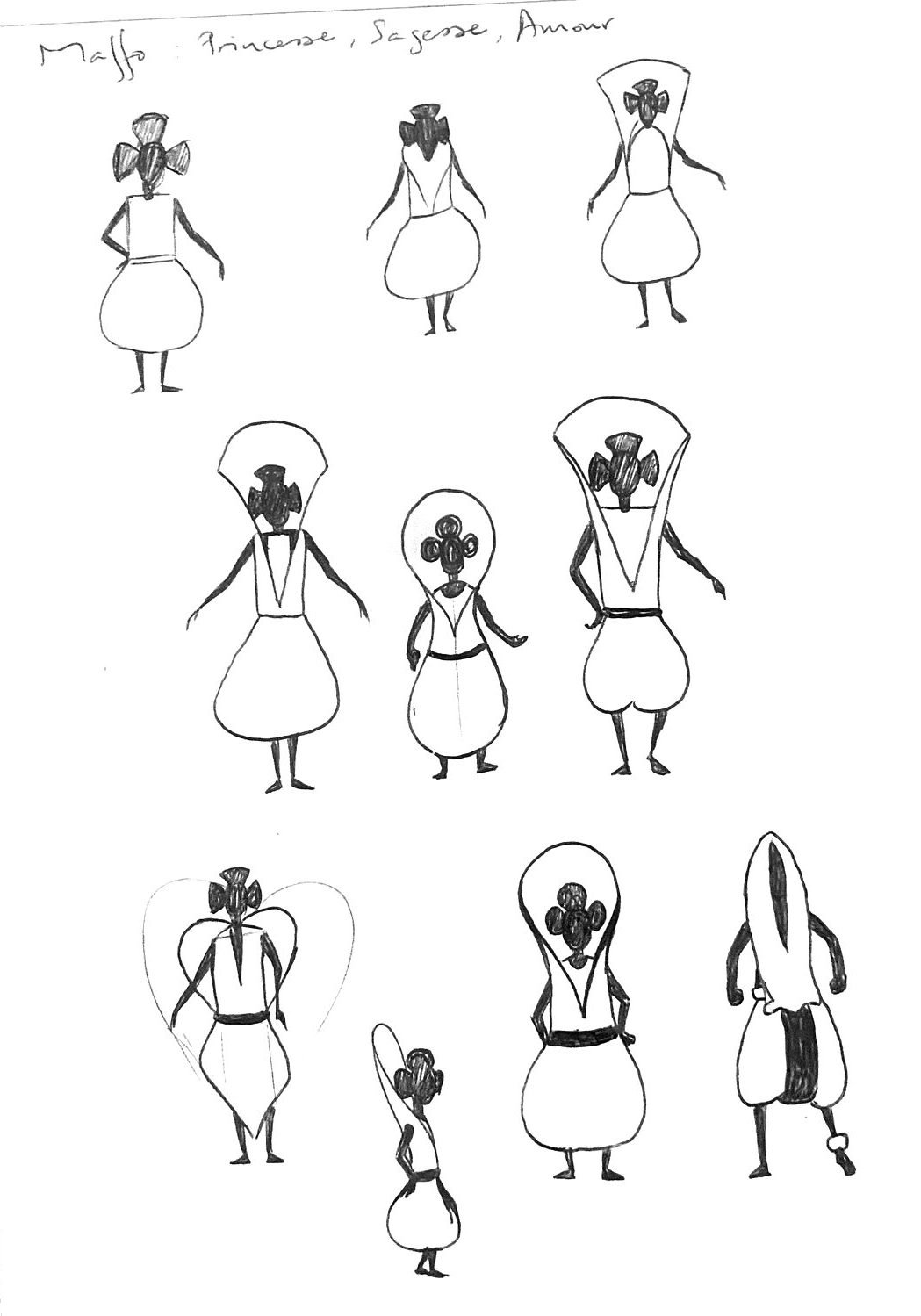 Feuille de recherche de Maffo, titrée « Maffo : Princesse, Sagesse, Amour » : une dizaine de silhouettes à la tête ronde ou en capuche, en robe ronde ou en forme de poire, dessinées au stylo. Le dessin du centre est encadré.