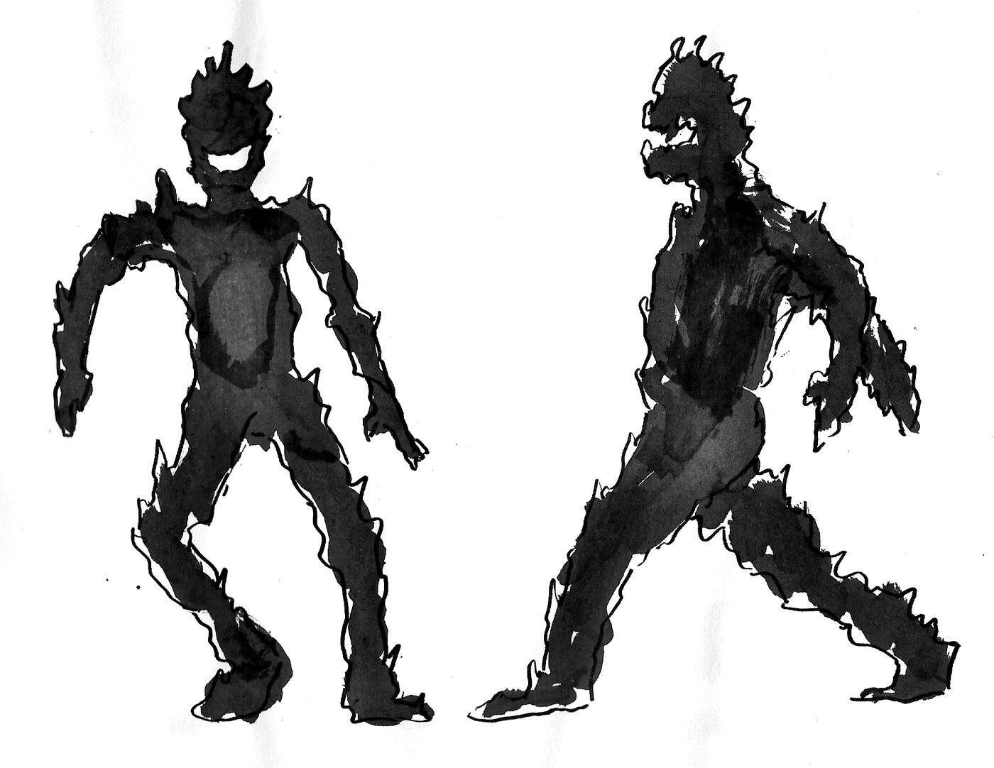 Deux silhouettes de créatures à l'encre noire, aux contours hérissés de pointes.