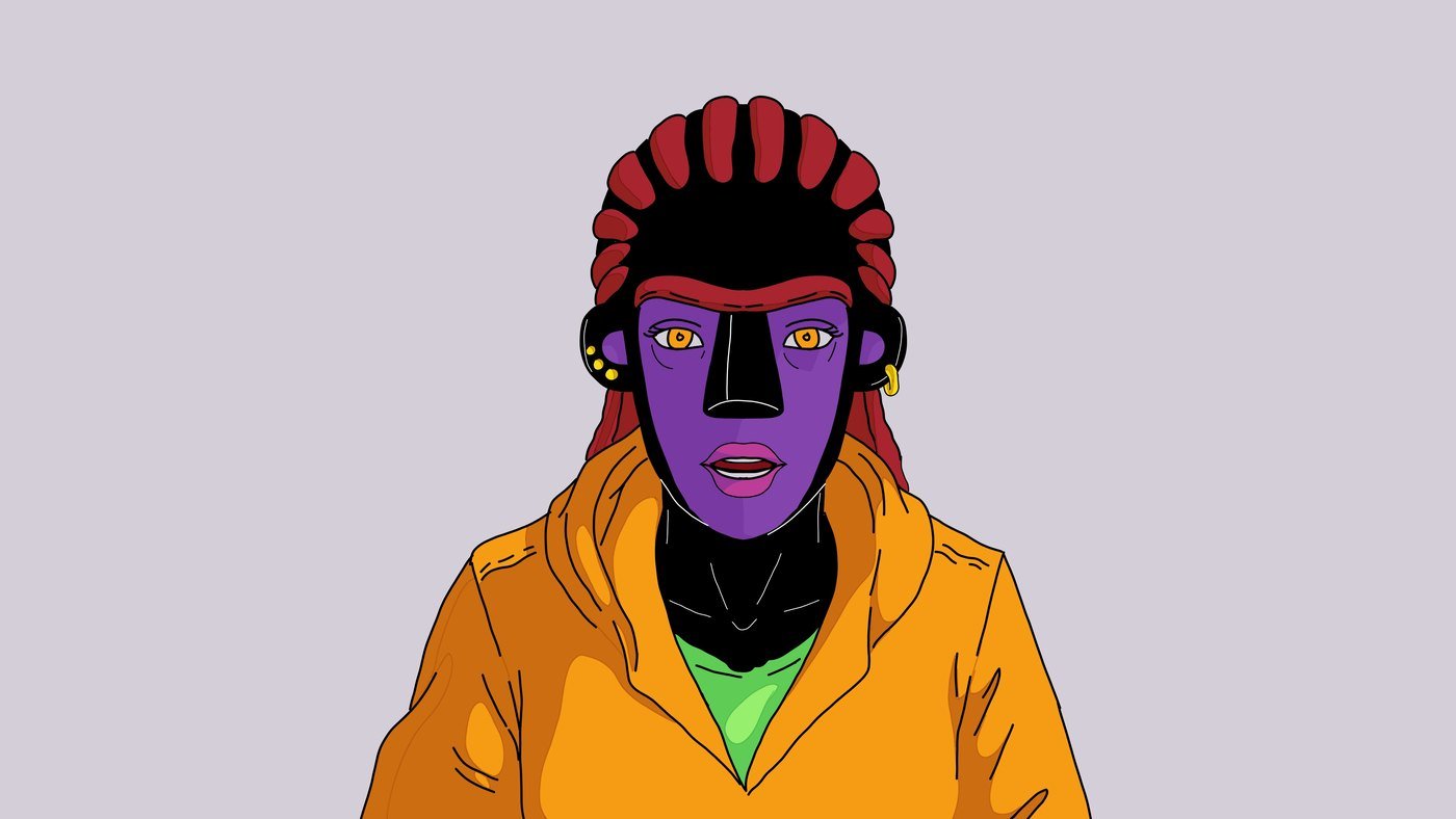Samira face caméra : peau d'ébène, visage violet, nez en bloc noir, tresses rouges, sweat orange, sur fond lilas.