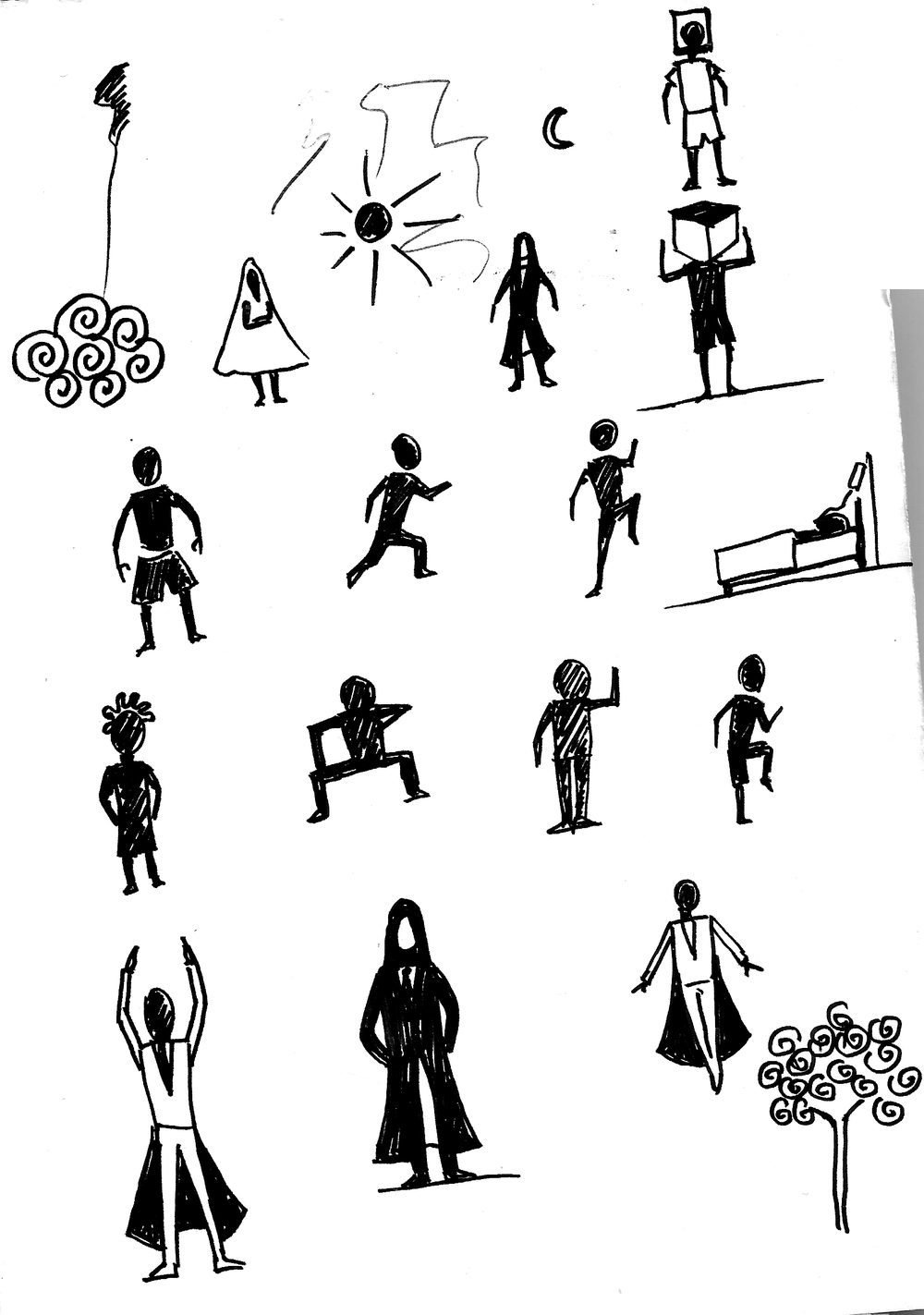 Planche de silhouettes à l'encre : personnages en pied, soleil, lune, arbre en spirales, lit.