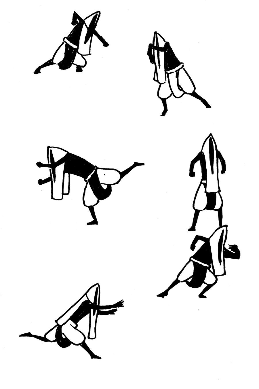 Six silhouettes de Cifer en mouvement : fentes, sauts, coups de pied.