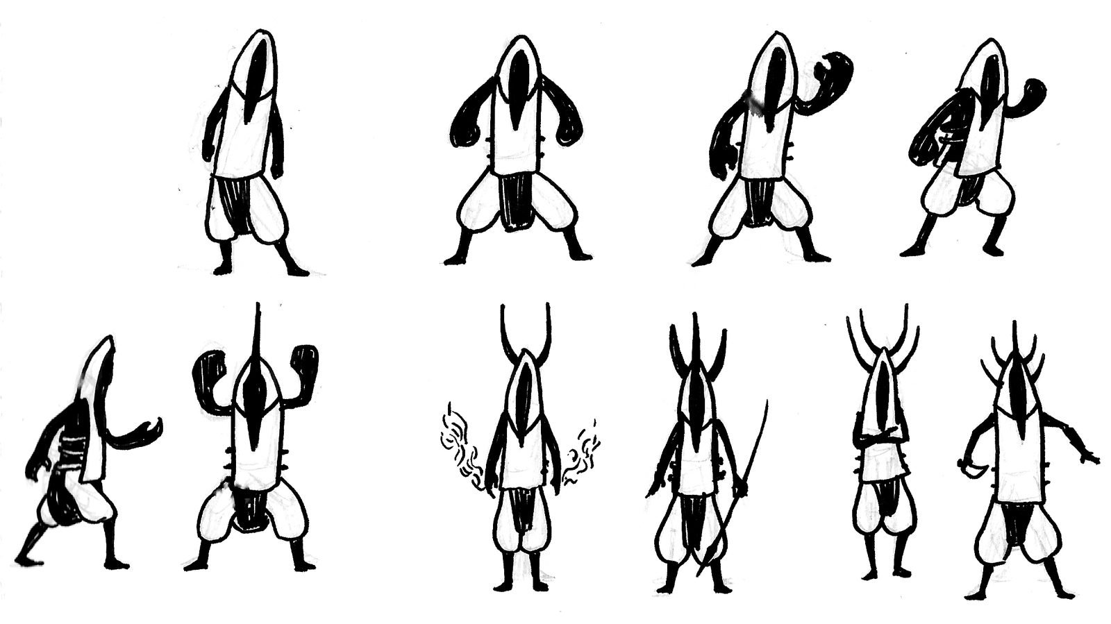 Études de poses de Cifer : silhouette noire à capuche blanche allongée, tunique et pantalon bouffant blancs ; en bas, des cornes de plus en plus nombreuses, des flammes aux mains, une lance.
