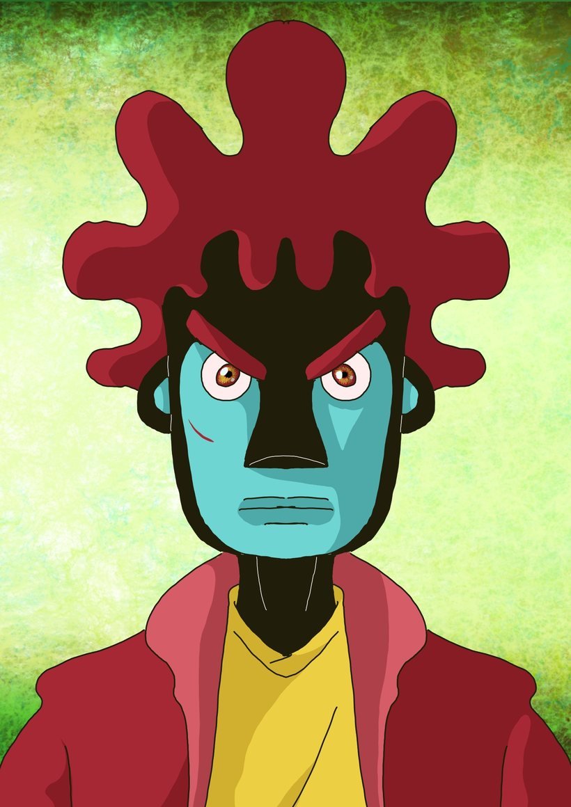 Couso en gros plan : visage turquoise aux sourcils froncés, cheveux rouges en forme de fleur, veste rouge sur un maillot jaune.