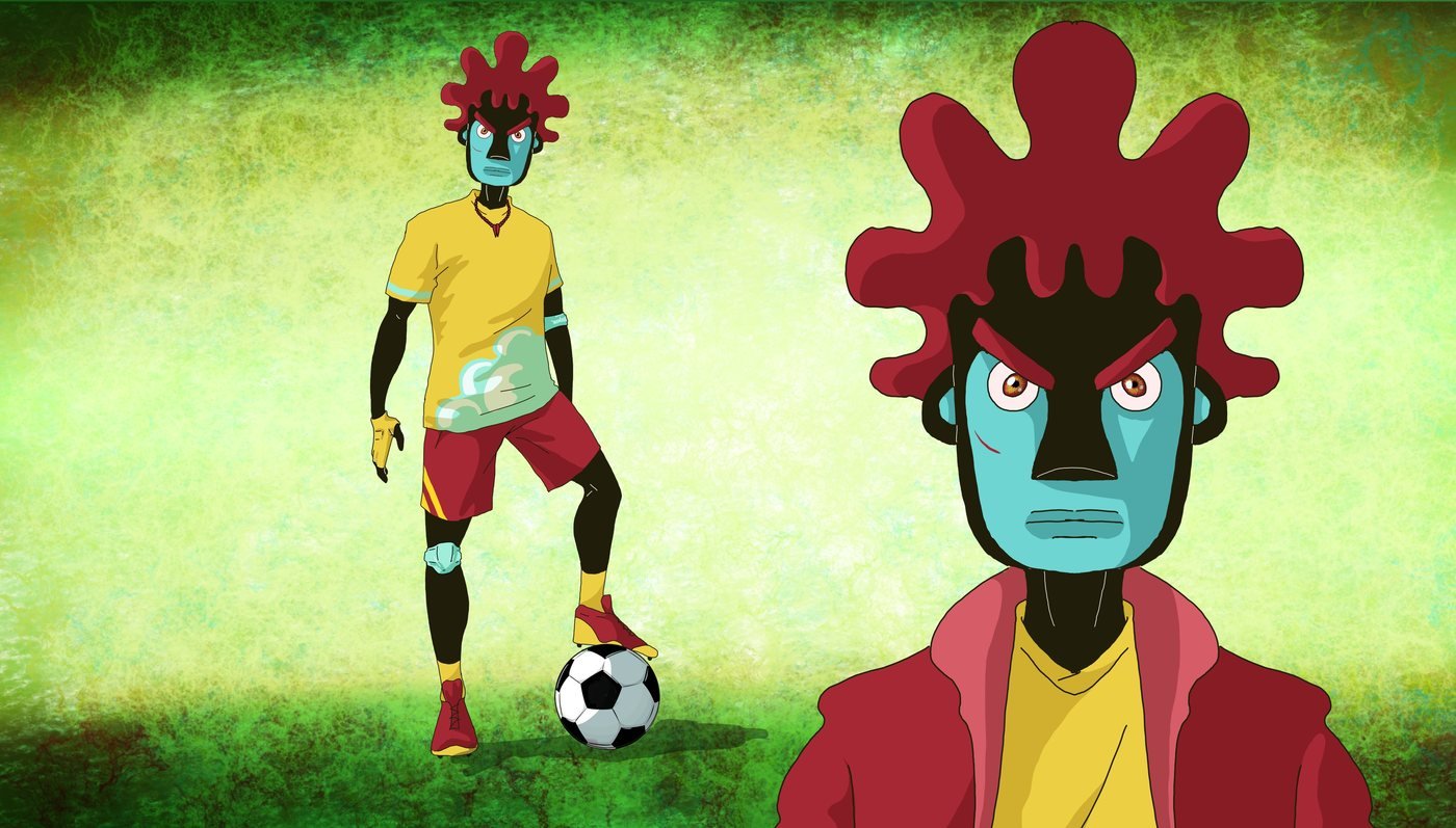 Couso, personnage de Ndamba : footballeur au visage turquoise et aux cheveux rouges, maillot jaune, ballon au pied, et son portrait en gros plan.