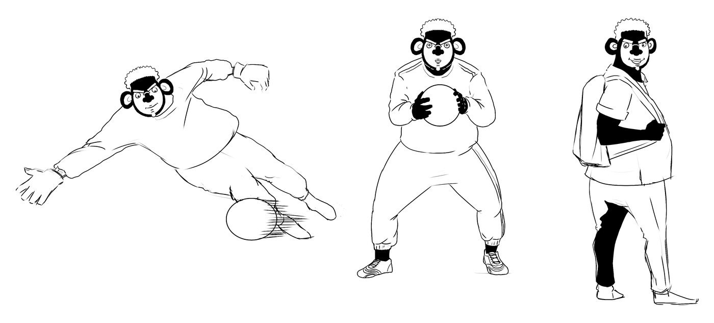 Trois études au trait d'un gardien de but corpulent au visage-masque rond et aux oreilles rondes : un plongeon vers le ballon, le ballon serré contre le ventre, puis de profil, une bandoulière en travers du torse.