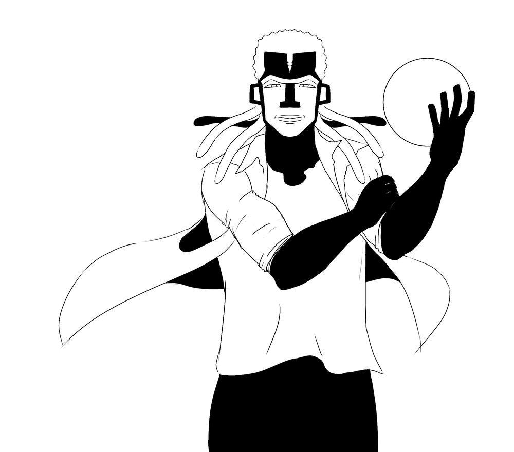 Étude au trait de Hako : visage-masque noir, cheveux courts, longues mèches sur les côtés, chemise blanche ouverte, une cape blanche qui flotte, une main levée vers le ballon.