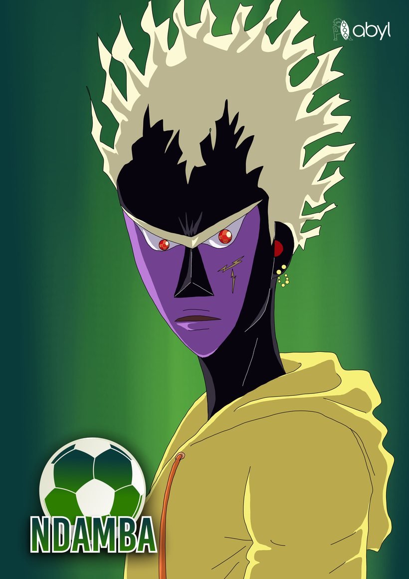 Magnan en gros plan : visage violet, regard rouge, cheveux blond pâle dressés comme des flammes, capuche jaune, sur fond vert.