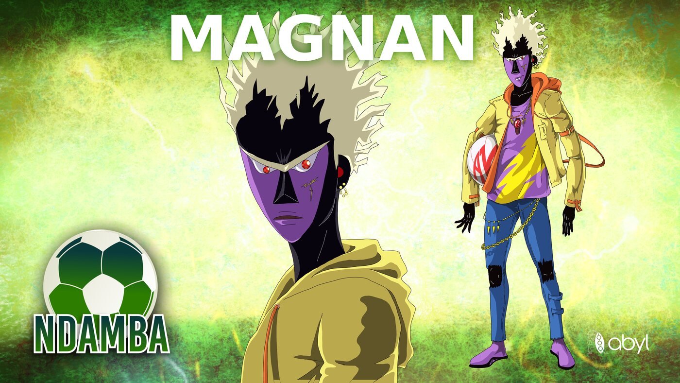 Planche de Magnan : à gauche son portrait, visage violet, cheveux blond pâle en flammes, capuche jaune ; à droite, en pied, veste jaune, jean et baskets violettes, un ballon sous le bras.