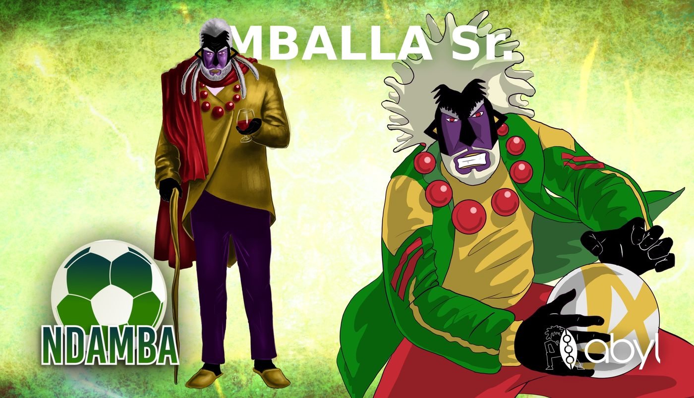 Planche de Mballa Sr. : deux études d'un homme au visage violet et aux cheveux blancs, l'une en costume doré avec canne, l'autre en veste verte, colliers de perles rouges.