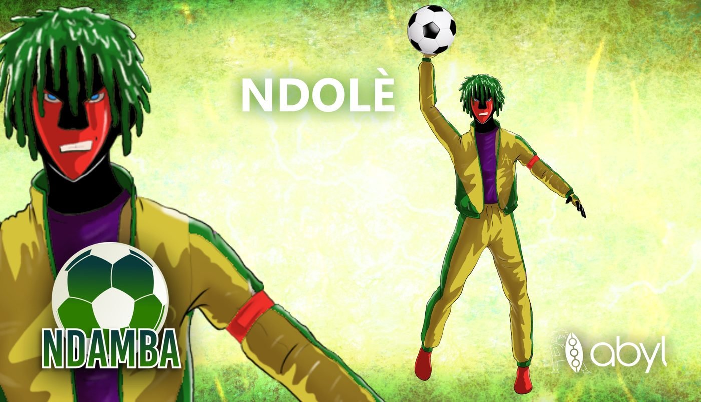 Planche de Ndolè : visage rouge, dreadlocks vertes, survêtement jaune et vert, un ballon en équilibre sur la main.