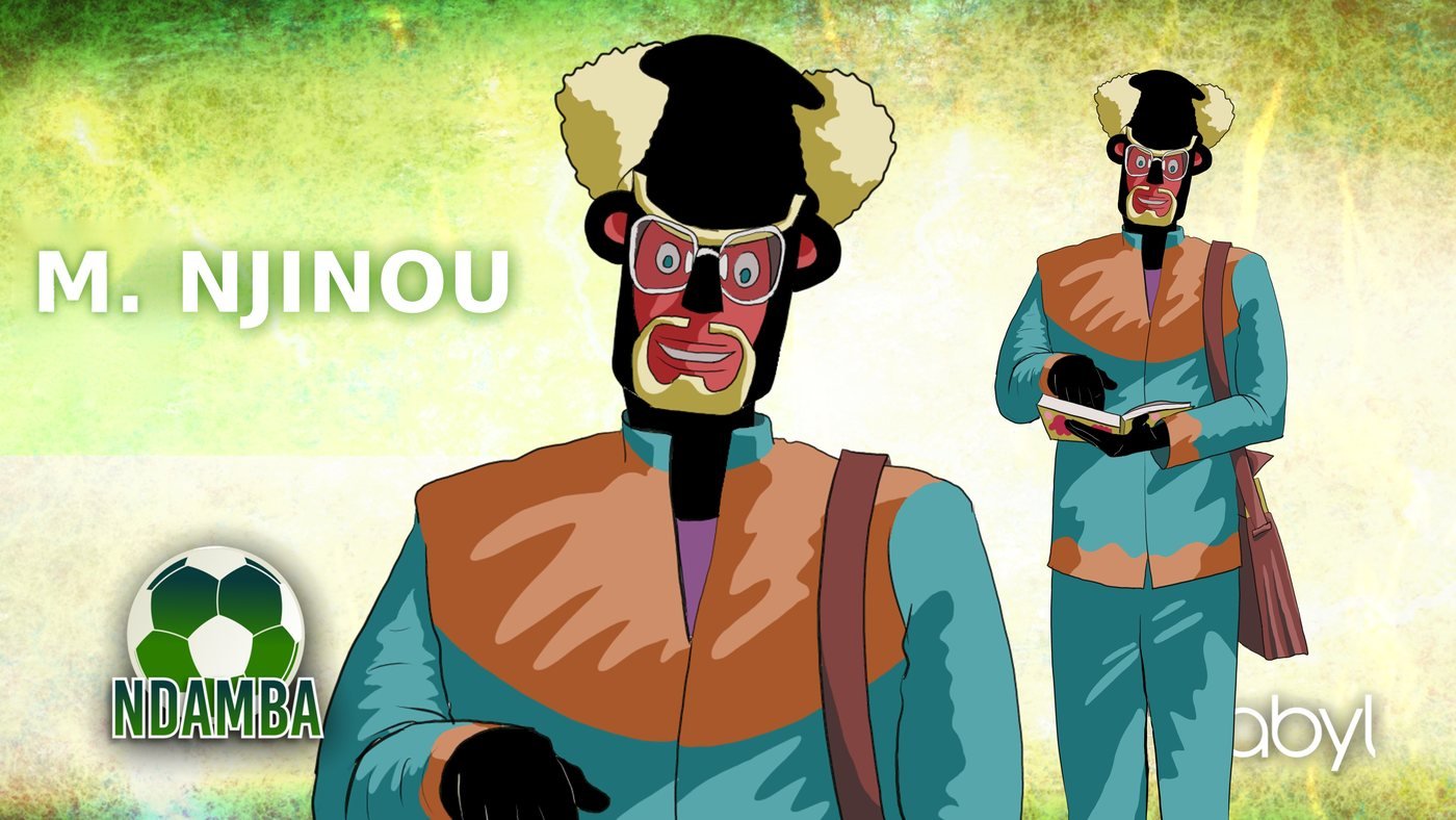 Planche de M. Njinou : à gauche, gros plan d'un homme au visage rouge, lunettes à monture claire, cheveux crème en deux touffes, barbiche crème, veste turquoise à plastron brun ; à droite, en pied, il lit un livre, sacoche à l'épaule.