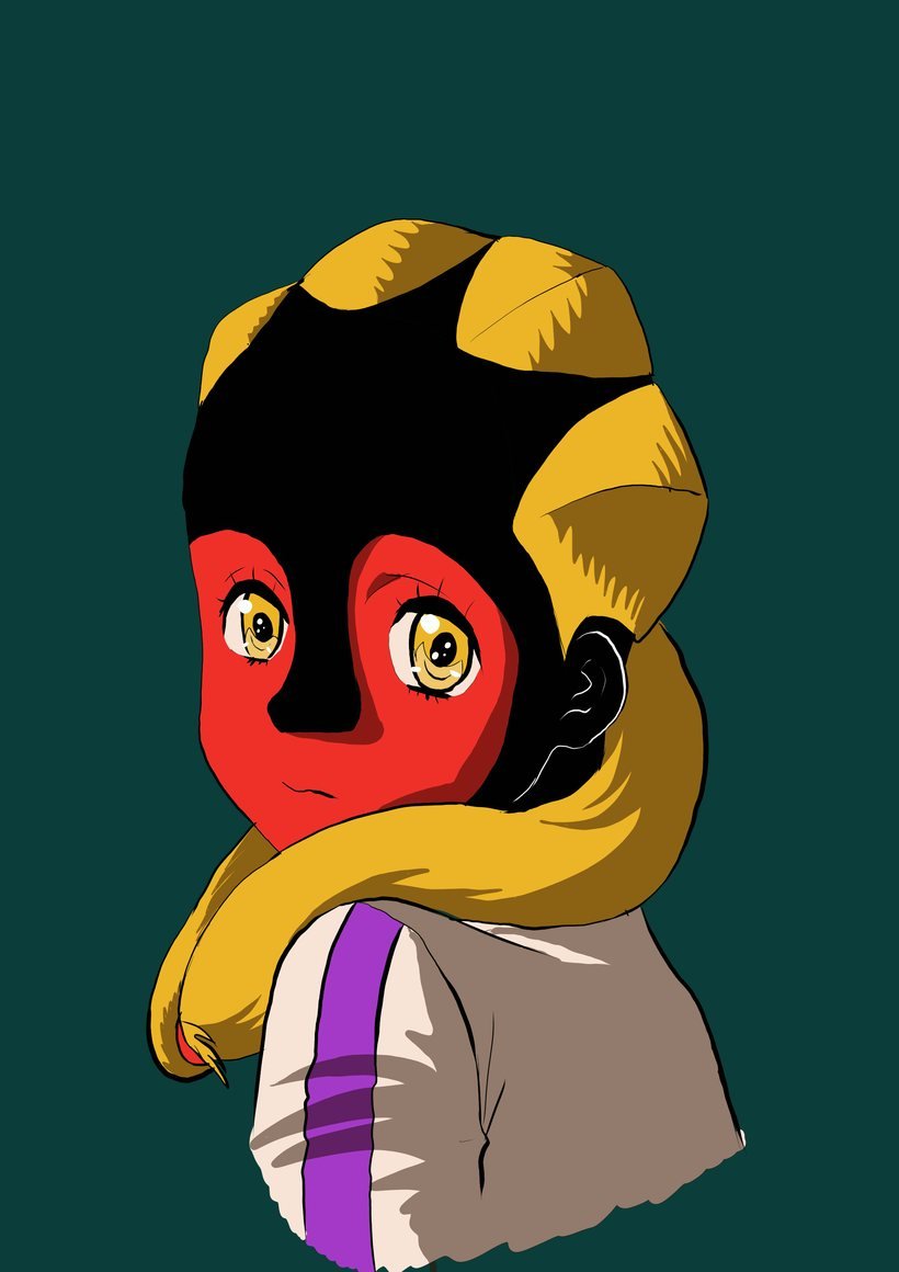 Nyango, buste : un visage rouge aux grands yeux dorés, de grosses mèches dorées enroulées autour de la tête et du cou, sur fond vert sombre.