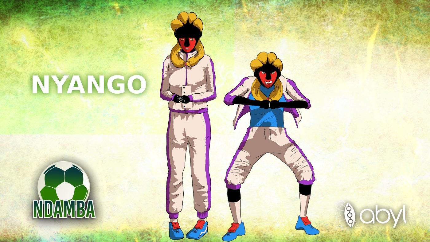 Planche de Nyango, ses deux visages : à gauche, debout, mains jointes, veste fermée, l'air effacé ; à droite, accroupie, veste ouverte sur un maillot bleu, poings serrés, la mine féroce. Visage rouge, cheveux dorés, survêtement blanc à bandes violettes.