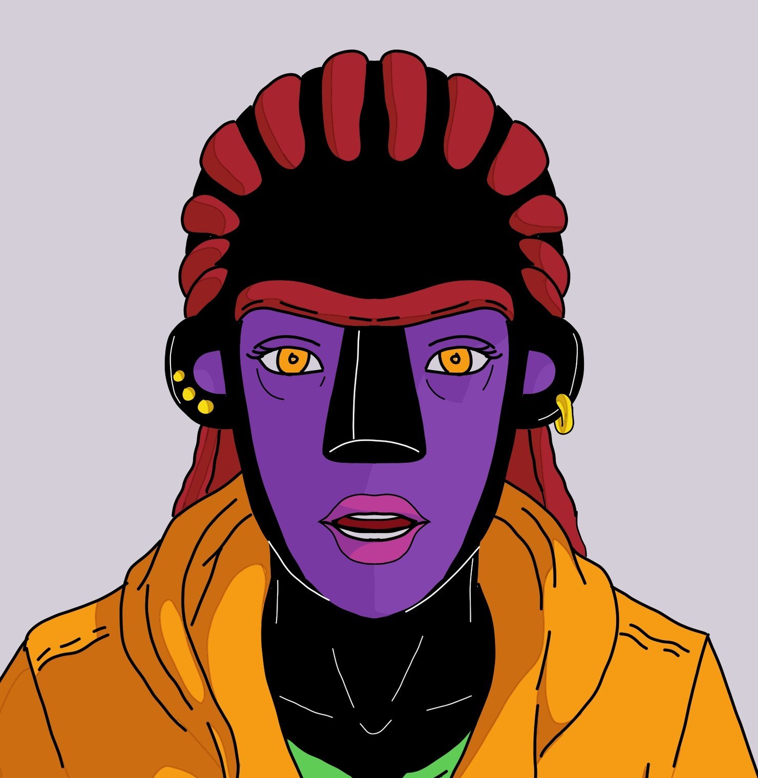 Samira, personnage de #mayday, face caméra : peau d'ébène, visage violet, nez en bloc noir, tresses rouges, sweat orange.